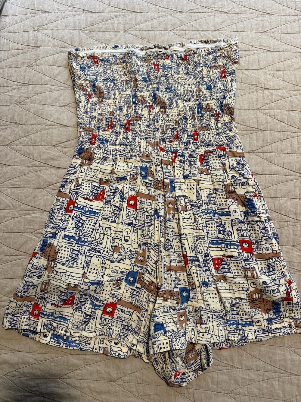Paris City-Print Strapless Romper with Pockets